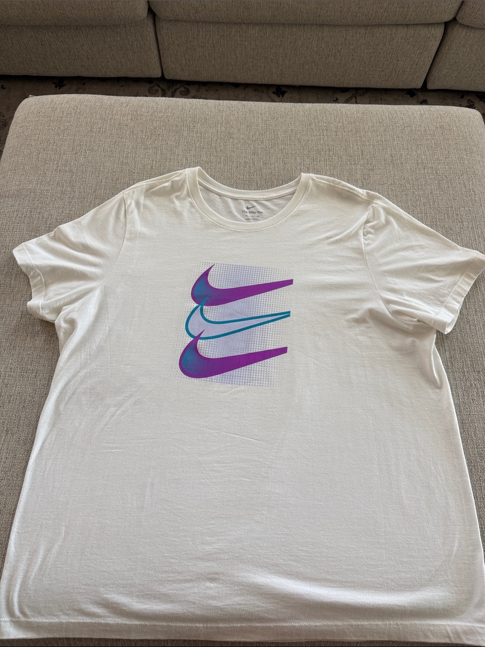 Nike White T-Shirt with Purple & Teal Swoosh Trio